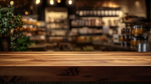 Empty wooden tabletop with a blurred supermarket grocery store background and bokeh light, ideal for product displays.