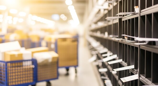 Rows of mail sorting pigeonholes and blue carts with packages in a brightly lit logistics warehouse or postal service facility.