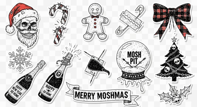 Vintage Stipple Christmas and New Year Design Elements Set, Retro Dotted Punk Style Winter Holiday Stickers Featuring Festive Icons, Engraved Aesthetic Graphics for Seasonal Celebration Ornaments