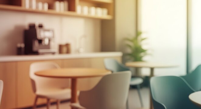 A bright and airy modern office breakroom with a coffee machine and seating areas.