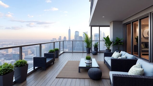 High-rise balcony with panoramic city view, modern furniture, wood flooring, rooftop garden elements, 3D visualization