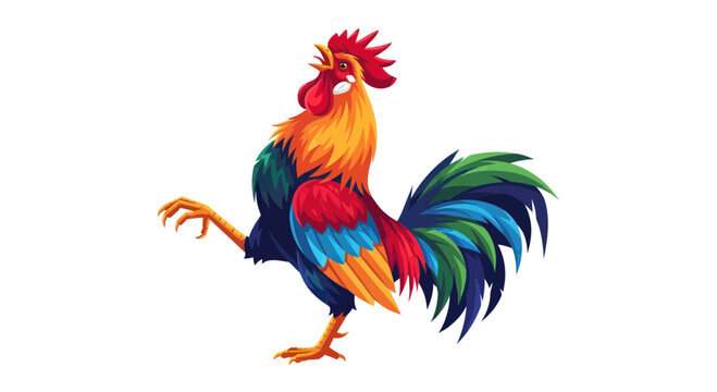 Rooster Crowing with Colorful Feathers, Isolated on White Background
