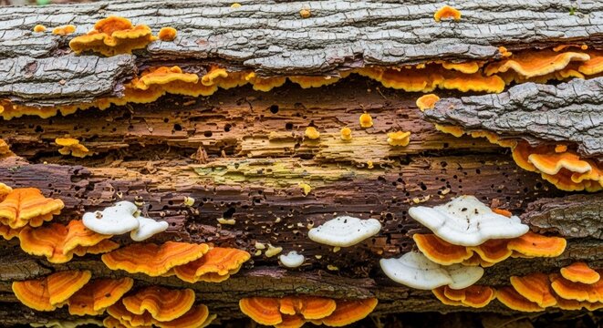 Orange and white shelf fungi growing on a decaying log in the forest