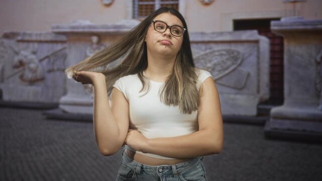 Young woman with glasses touching hair and crossing arms in a street plaza with stone fountain; boredom teenage attitude.