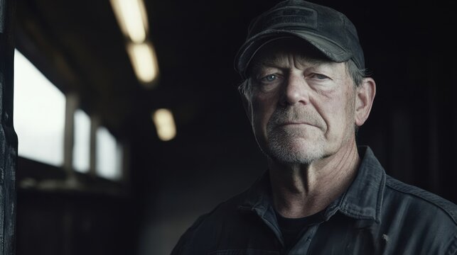 Portrait of a Middle-Aged Man in Industrial Setting with Serious Expression