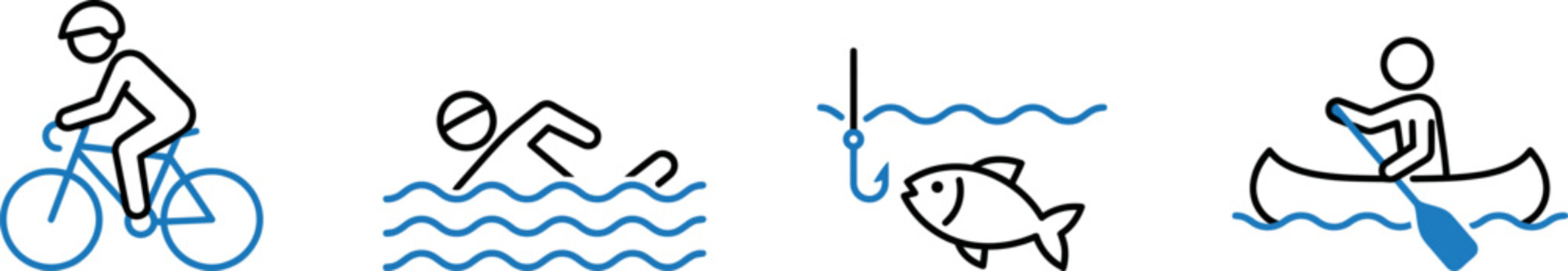 Outdoor activity icons for cycling, swimming, fishing and kayaking