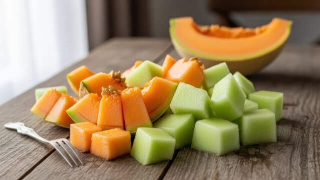 A pile of diced orange and green melon on a wooden table with a fork