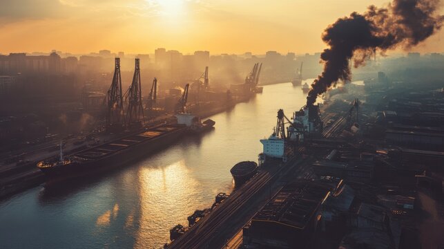 Industrial Port at Sunset with Smoke Stacks and Shipping Cranes