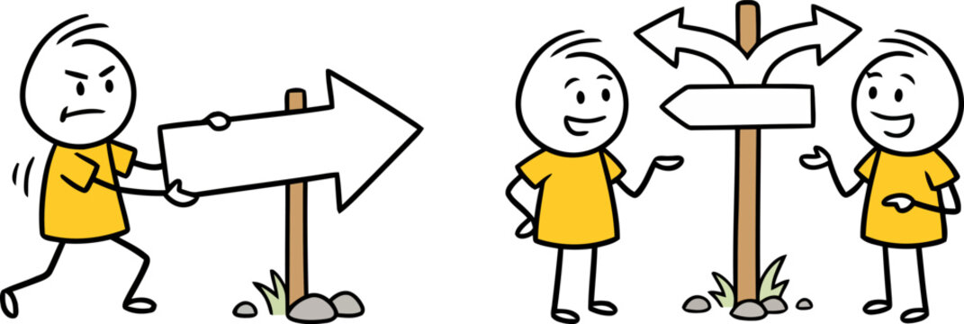 Decision making and choosing the right path with stick figures