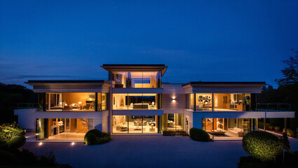 Elegant modern residence exterior with warm lighting at night real estate architecture exterior © Sabbir Digital