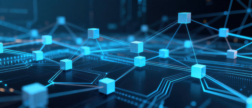 This is a 3D visualization of a decentralized blockchain network, showing glowing cube nodes connected by lines on a circuit board background.
