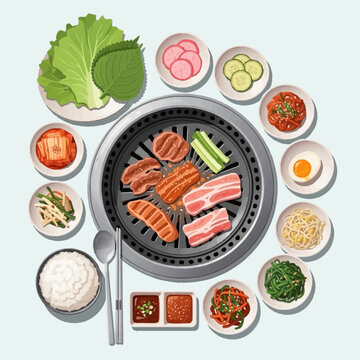 Vibrant Korean BBQ spread with various grilled meats, fresh lettuce, rice, and an array of traditional banchan side dishes and dipping sauces.