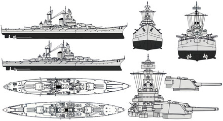 Battleship Blueprint: Side, Top, Front, Rear Views & Turret Detail © rokok