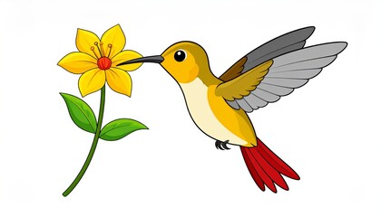 Naklejka premium A colorful hummingbird approaching a yellow flower.