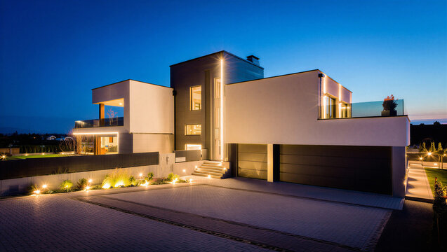 Modern luxury residential house exterior at night with driveway lighting real estate exterior