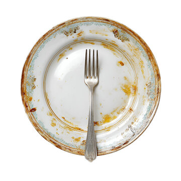 dirty plate with fork on white background minimalistic food waste concept