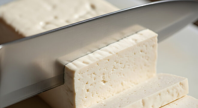 A person cuts a block of white tofu into slices with a sharp knife on a table.