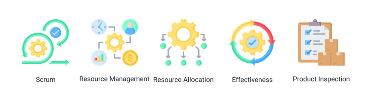 Agile resource icon set featuring scrum,resource allocation,and inspection concepts for efficient workflow and project management