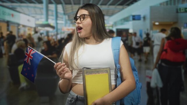 Young hispanic woman holds new zealand flag and textbooks, mouth open in surprise at an airport terminal; excitement study abroad.