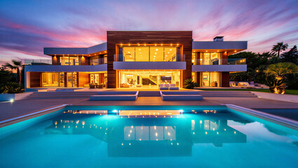 Contemporary luxury home with pool at twilight real estate architecture exterior contemporary © Sabbir Digital
