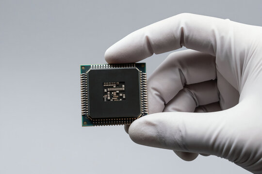 Gloves hold advanced computer chip. This microelectronic component is examined carefully. Modern technology and innovation in electronics industry.