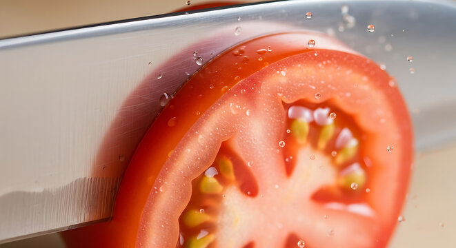 A chef cuts a fresh red tomato with a sharp kitchen knife on a countertop.