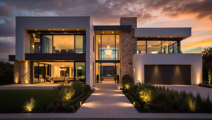 Modern two story architectural villa at night with interior illumination architecture exterior © Sabbir Digital
