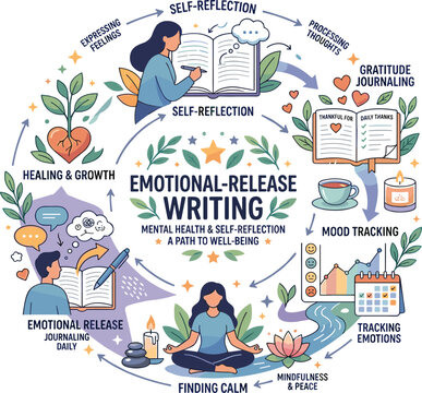 Emotional release writing vector illustration with journaling mood tracking mindfulness and mental wellness self reflection practices