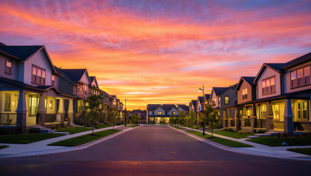 Sunset sky over a quiet residential suburban street with real estate residential area suburban