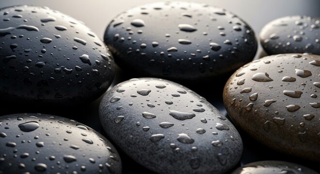 Close-up of wet, smooth dark stones with water droplets glistening under soft lighting