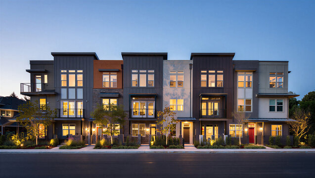 Stylish modern multi story townhouse complex at dusk with real estate multi family townhouse