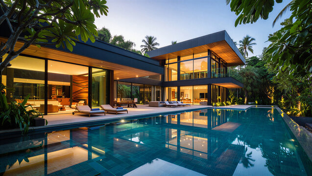 Modern luxury villa with infinity swimming pool and palm trees real estate architecture residence
