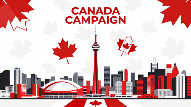 Canada Campaign featuring the iconic CN Tower and Toronto skyline with maple leaf motifs.