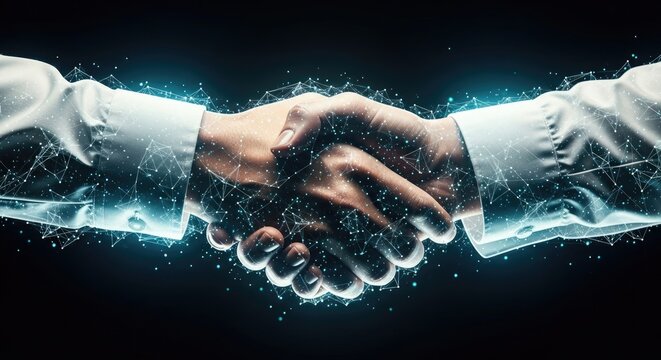 Two businessmen shake hands with glowing blue particles on a dark background