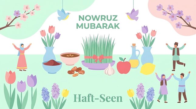 Nowruz Mubarak Haft-Seen Celebration with Traditional Elements and Joyful People.