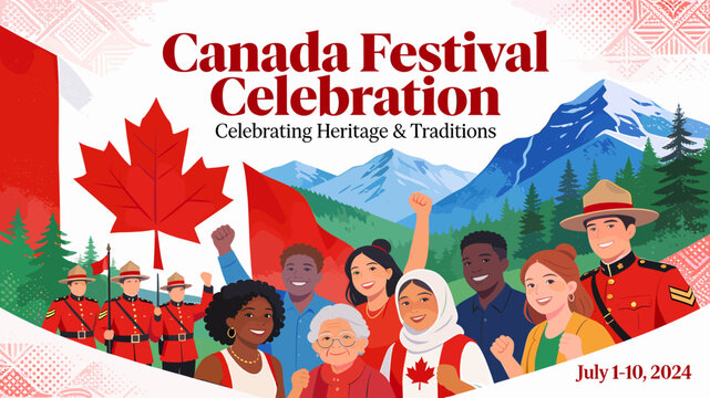 Canada Festival Celebration: Honoring Heritage and Traditions with Diverse People and Iconic Canadian Symbols.