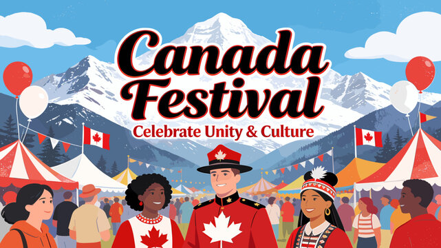 Vibrant Canada Festival celebrating unity and culture with diverse people, Mounties, and festive tents against a mountain backdrop.