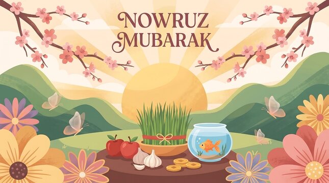 Nowruz Mubarak Spring Celebration with Haft-Seen Table and Blooming Landscape.