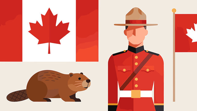 Illustration of Canadian symbols including the national flag, a beaver, and a Royal Canadian Mounted Police officer.