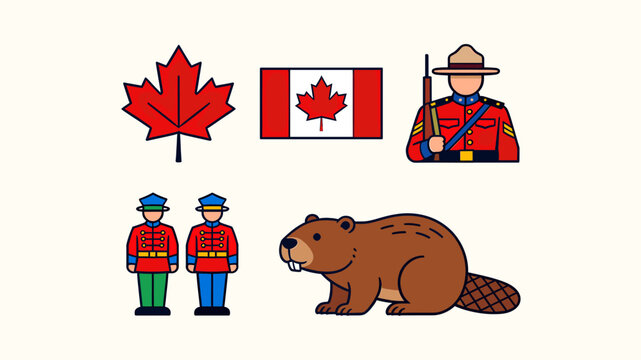 A collection of iconic Canadian symbols including a maple leaf, the Canadian flag, a Royal Canadian Mounted Police officer, two Mounties, and a beaver.
