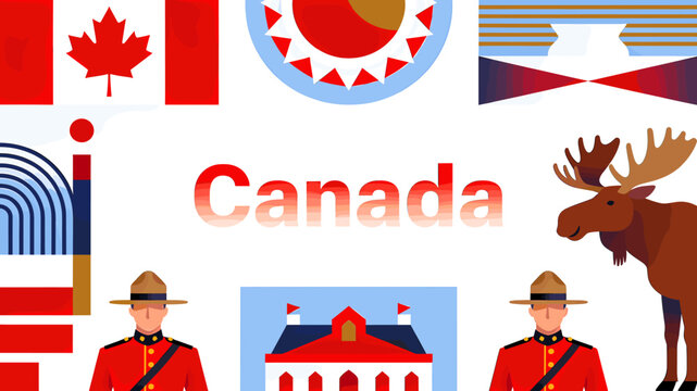Vibrant collage celebrating Canada with iconic symbols like the maple leaf flag, RCMP officers, a moose, and the word 'Canada'.