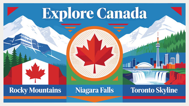 Vibrant travel illustration showcasing iconic Canadian landmarks including the Rocky Mountains, Niagara Falls, and the Toronto skyline with the CN Tower, under the banner 'Explore Canada'.