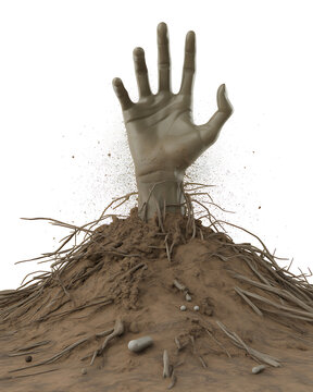 Muddy Hand Emerging from Dirt with Roots on White Background