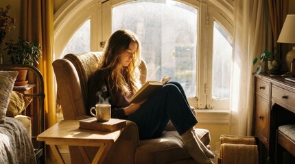 Fototapeta premium Self-care and relaxation concept, young woman reading a book in a cozy armchair by the window. Mindfulness and hygge lifestyle at home in warm natural light.
