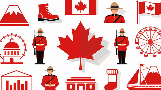 A vibrant collection of Canadian symbols and landmarks, including maple leaves, Mounties, and iconic buildings, celebrating Canadian culture and identity.