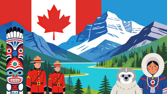 Vibrant illustration of Canadian culture and landscape featuring a flag, majestic mountains, a serene lake, a totem pole, RCMP officers, an arctic animal, and an Inuit person.