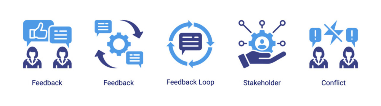 Feedback system icon set featuring stakeholder,conflict,and feedback loop concepts for communication and business improvement