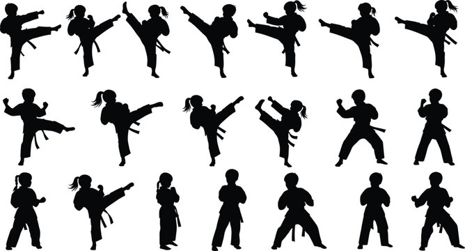 Children martial arts silhouettes set featuring boys and girls in karate and taekwondo poses for sports training vector illustration