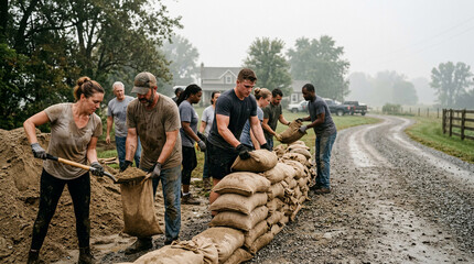 Fototapeta premium Community volunteers diligently prepare for Hurricane Season, filling sandbags to build essential flood barriers, protecting property from severe weather
