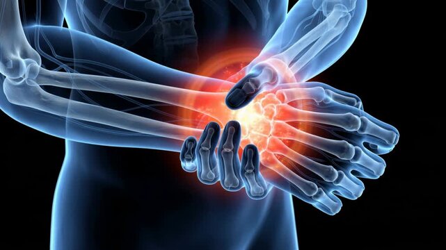 Medical 3D X-ray animation of human hand with glowing red wrist pain, carpal tunnel highlighted, on dark background, 4K video